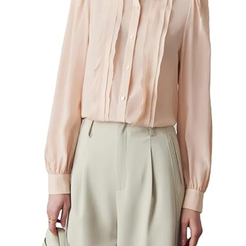 Pink Pleated Long Sleeve Blouse with Bib Collar